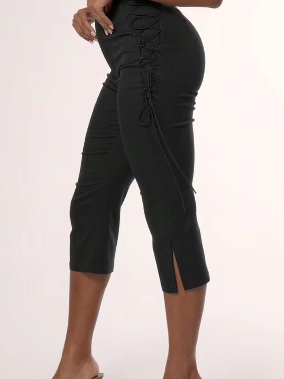 Women's Black Lace-Up Side Capri Pants